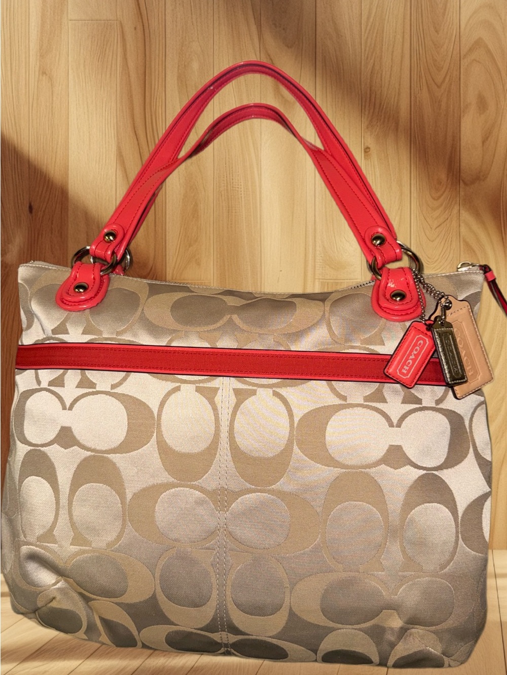 Coach Poppy Signature Glam Tote Khaki/Coral 18988
